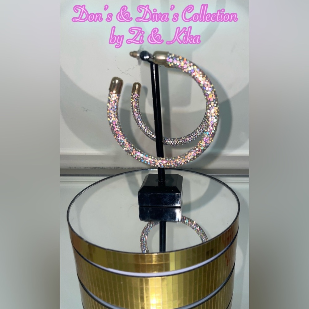 BEBE AB Rhinestones Sparkle Resin Wrap Hoop Earrings